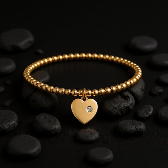 Beaded Heart 14K (or 18K upon request) Charm Diamond Accent Bracelet - Picture 5 of 5